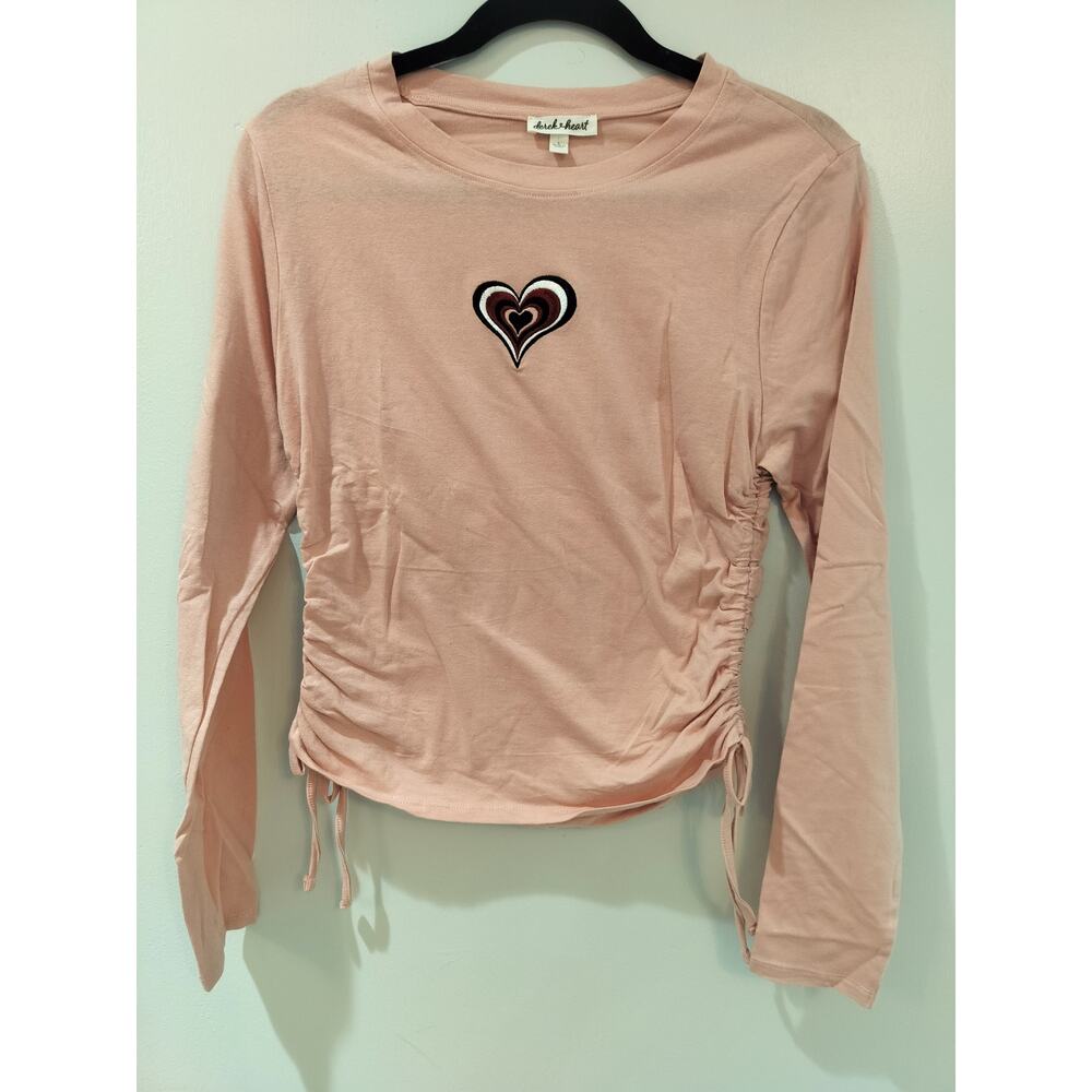 Derek Heart Blush Pink Ruched Long Sleeve Top Junior's L Heart Patch